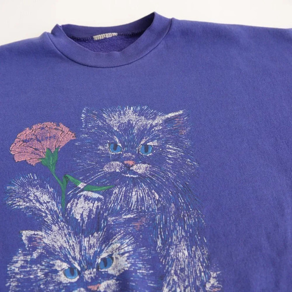 Vintage  Purple with Cats and Flowers Crewneck Sweater - Picture 11 of 12